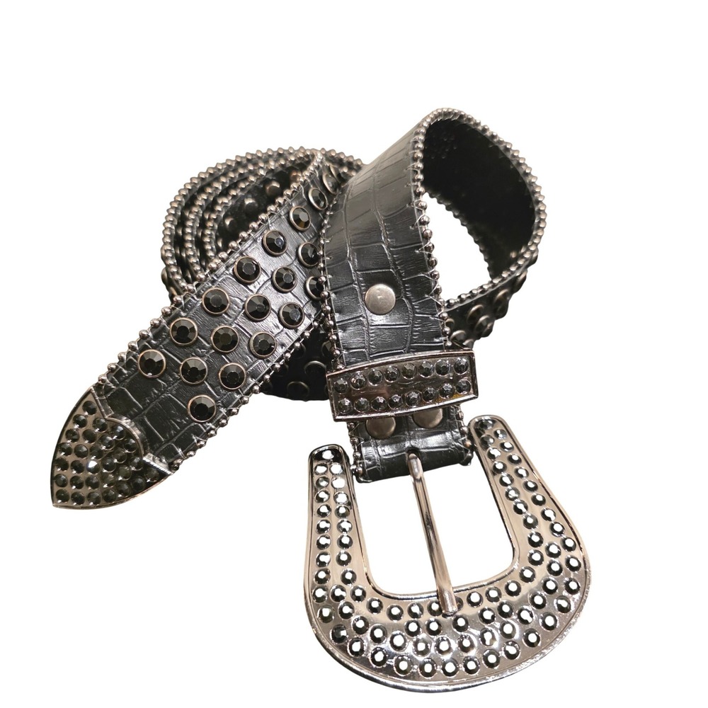 Western Black‎ Rhinestone Belt Genuine Leather XL Croc Embossed Cowboy Punk